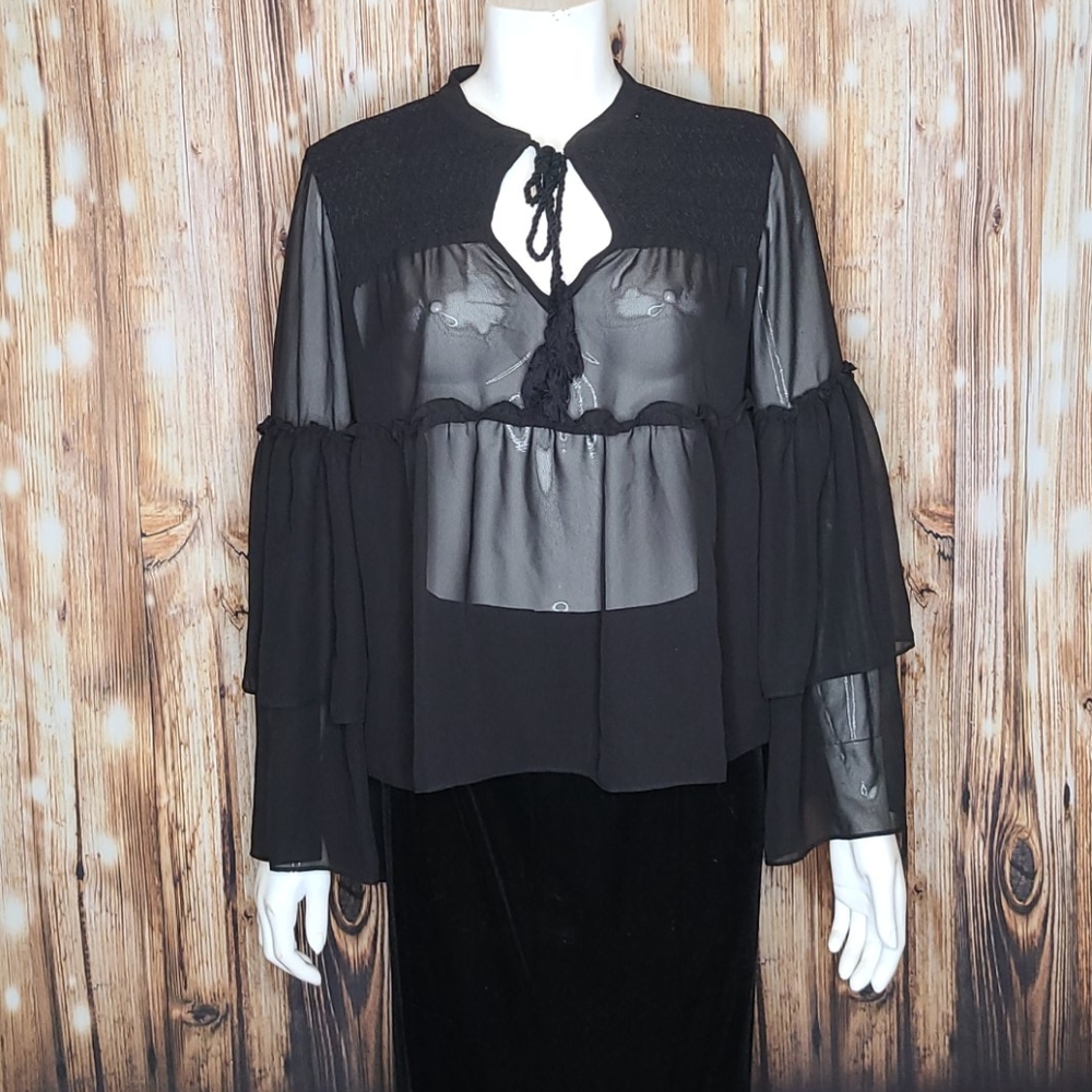 Ecote sheer black peasant blouse